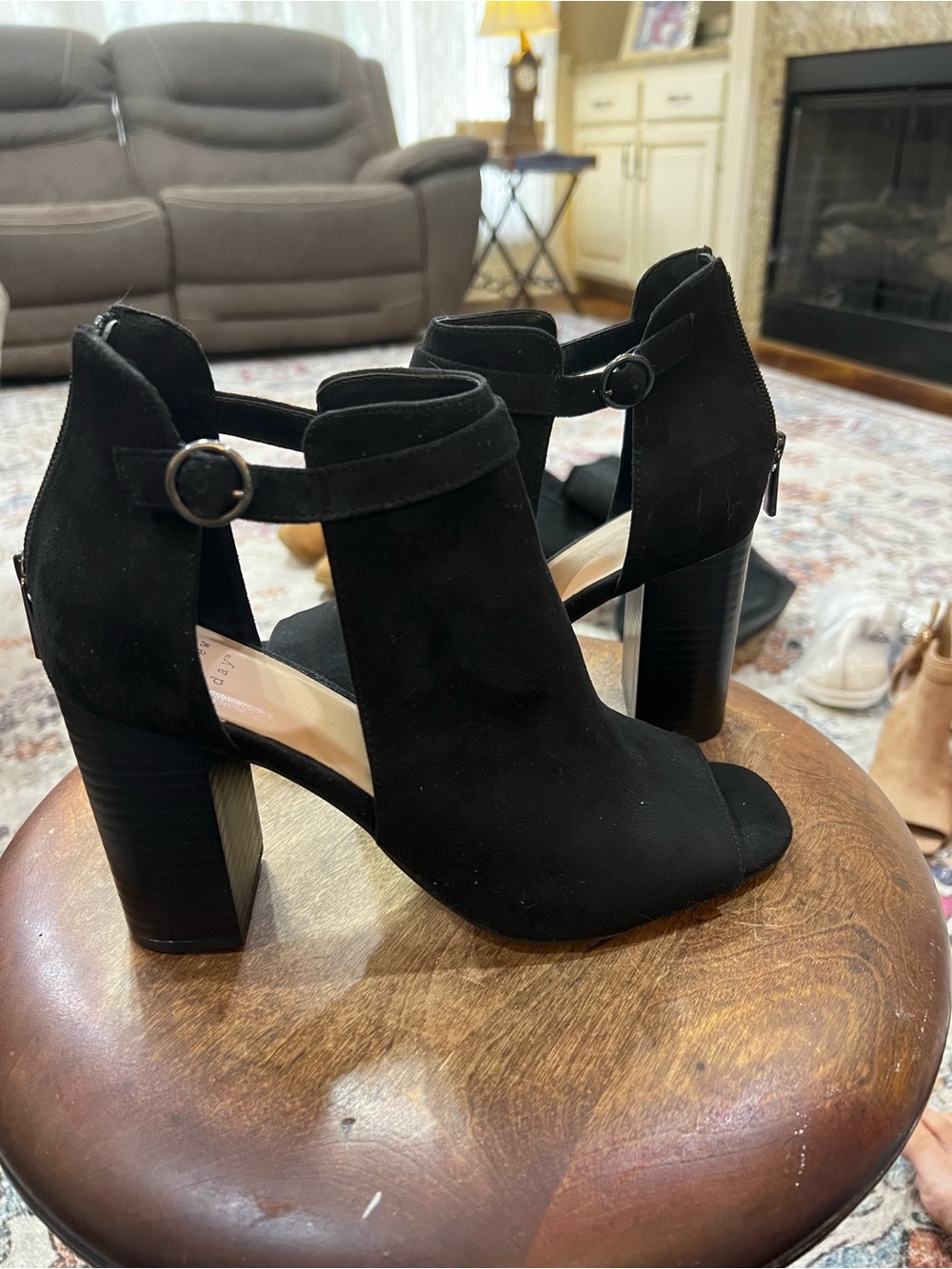 Black Suede Open-Toe Block Heel Sandals - Women